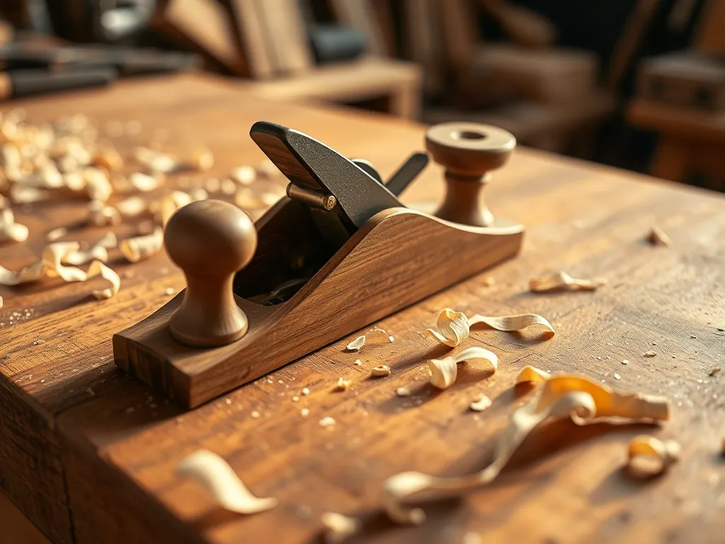 Werkstattdetail: Hobel und Massivholzbretter